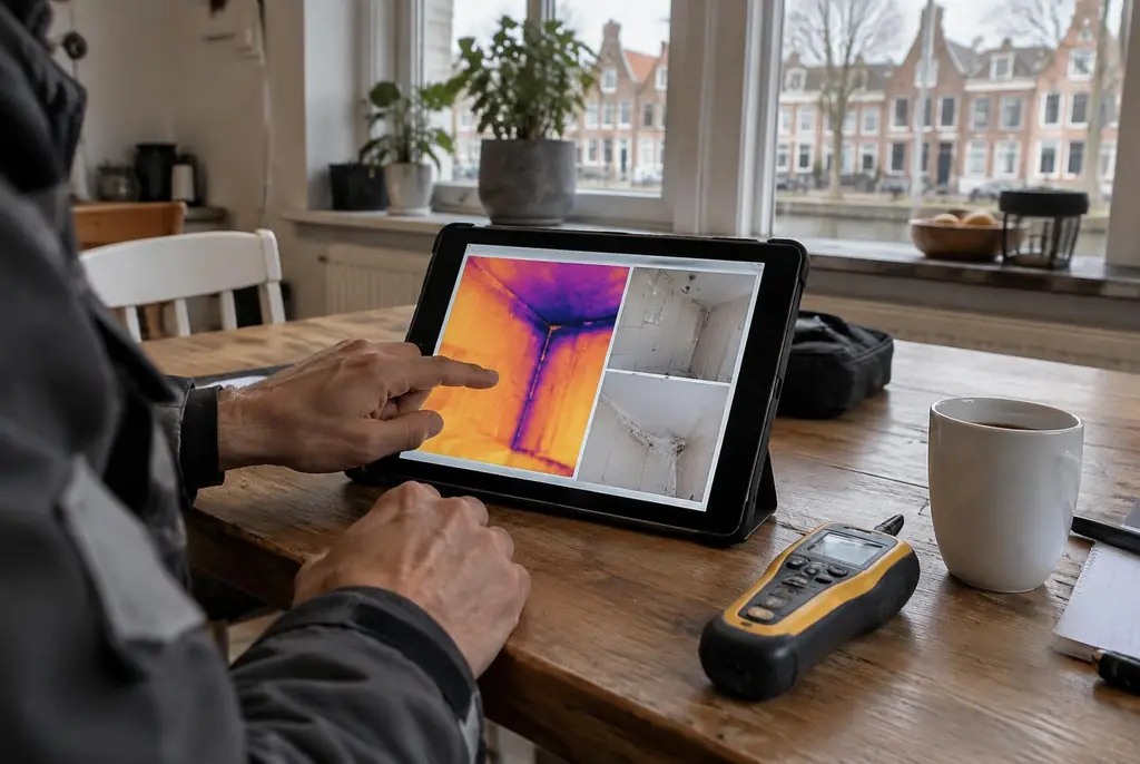 Lekdetectie Elspeet – lekdetectierapport met warmtebeelden en foto's op een tablet