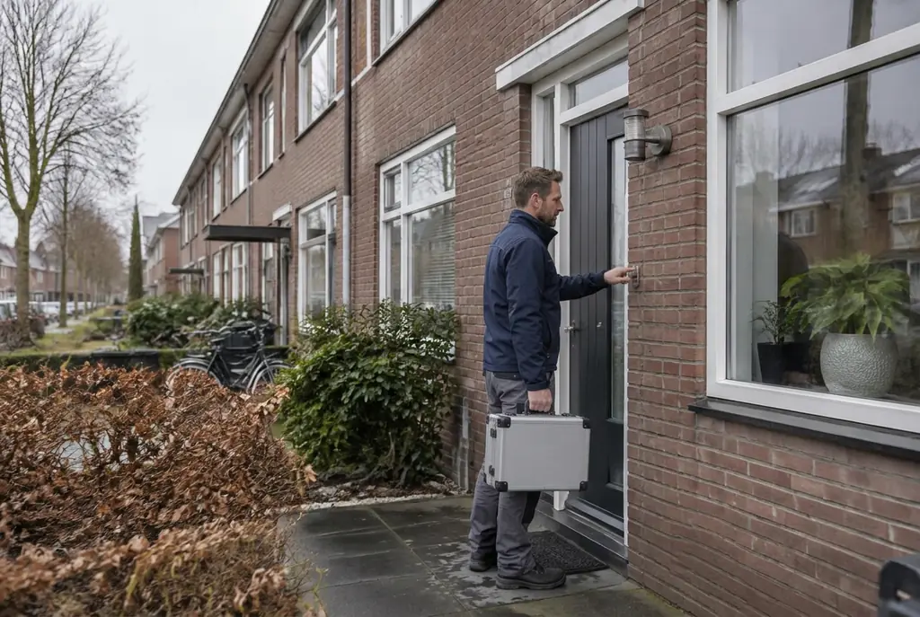 Lekdetectiespecialist met meetkoffer bij de voordeur van een woning in Elspeet